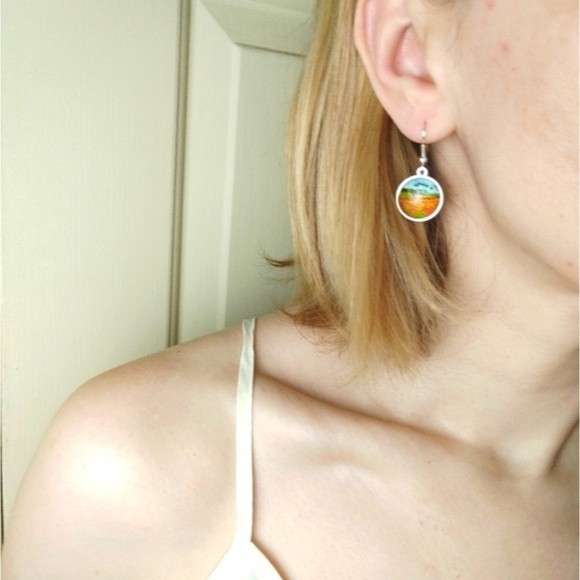 Van Gogh Irises Painting Drop Glass Earrings - Picture 3 of 4